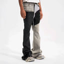 CLAWOR DIVISION VOID Split-Tone Patchwork Denim – Black & Gray Wide-Leg Pants (M–2XL)