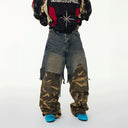 CLAWOR HYBRID WAR Denim × Camo Layered Cargo – Distressed Oversized Street Pants (M–2XL)