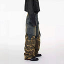 CLAWOR HYBRID WAR Denim × Camo Layered Cargo – Distressed Oversized Street Pants (M–2XL)