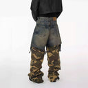 CLAWOR HYBRID WAR Denim × Camo Layered Cargo – Distressed Oversized Street Pants (M–2XL)