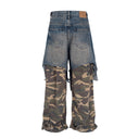 CLAWOR HYBRID WAR Denim × Camo Layered Cargo – Distressed Oversized Street Pants (M–2XL)