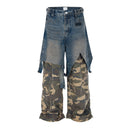 CLAWOR HYBRID WAR Denim × Camo Layered Cargo – Distressed Oversized Street Pants (M–2XL)