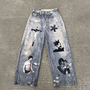 CLAWOR REBELLION ICONS Graphic Washed Wide-Leg Denim – Punk Streetwear Pants (M–2XL)